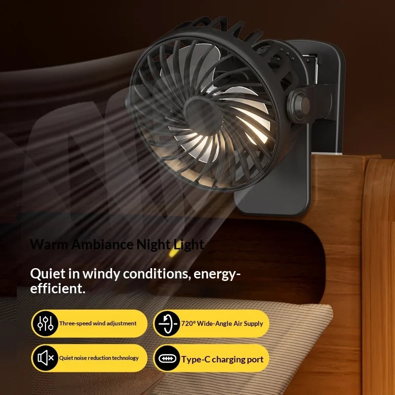 Clip-On Ventilator 720° – Leiser Mini-Tischventilator mit Akku & Nachtlicht