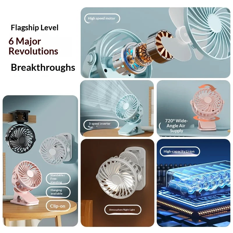 Clip-On Ventilator 720° – Leiser Mini-Tischventilator mit Akku & Nachtlicht