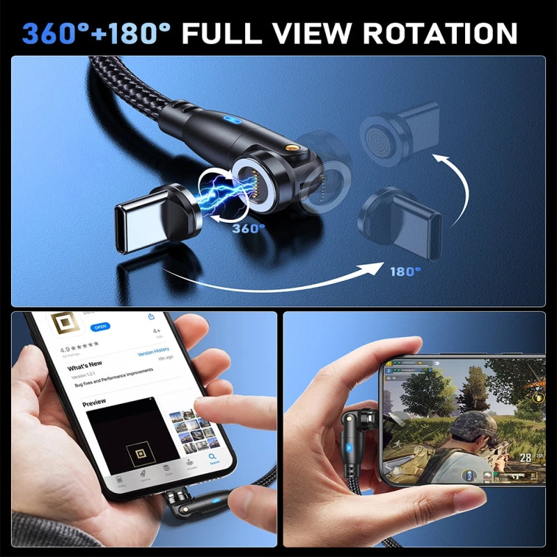 Magnetic 100W Charging Cable – 360°+180° Rotation, USB-C & Micro USB
