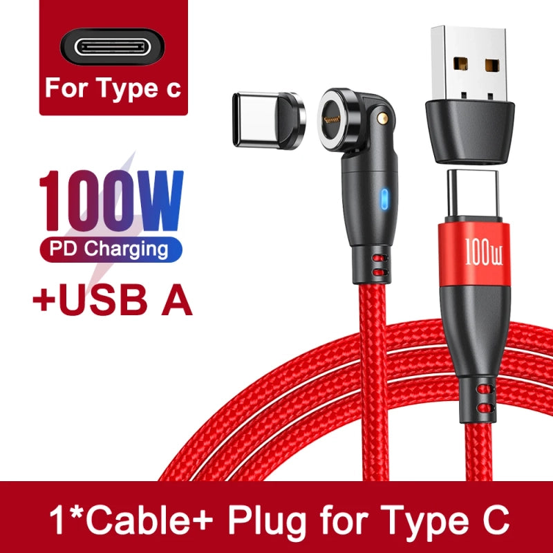Magnetic 100W Charging Cable – 360°+180° Rotation, USB-C & Micro USB
